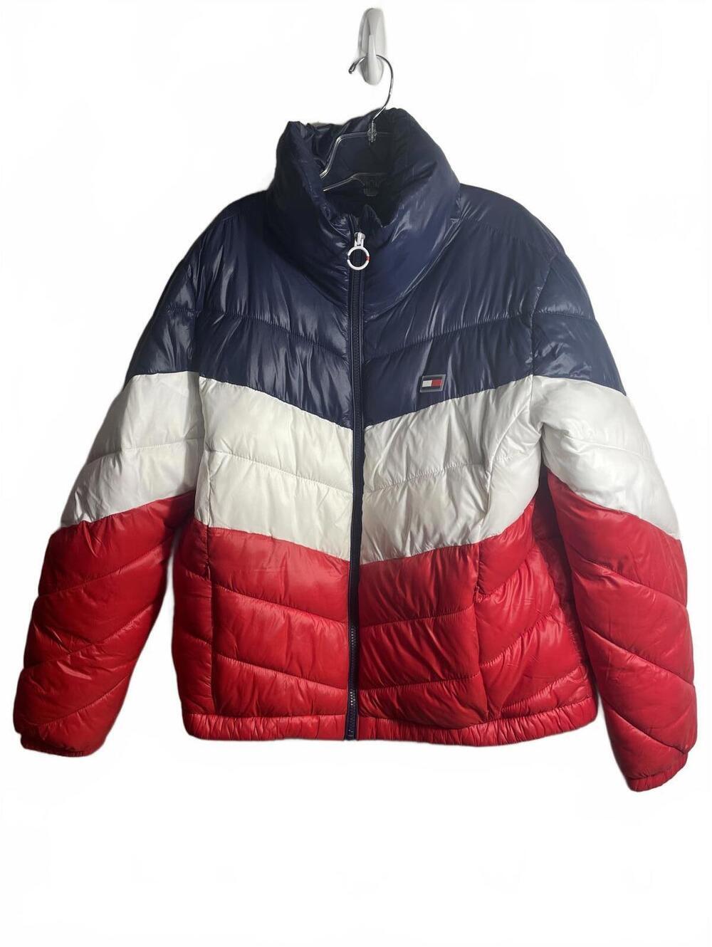 Tommy Hilfiger Puffer Coat Womens Size Large Sporty Red Colorblock Funnel Neck - Picture 2 of 8